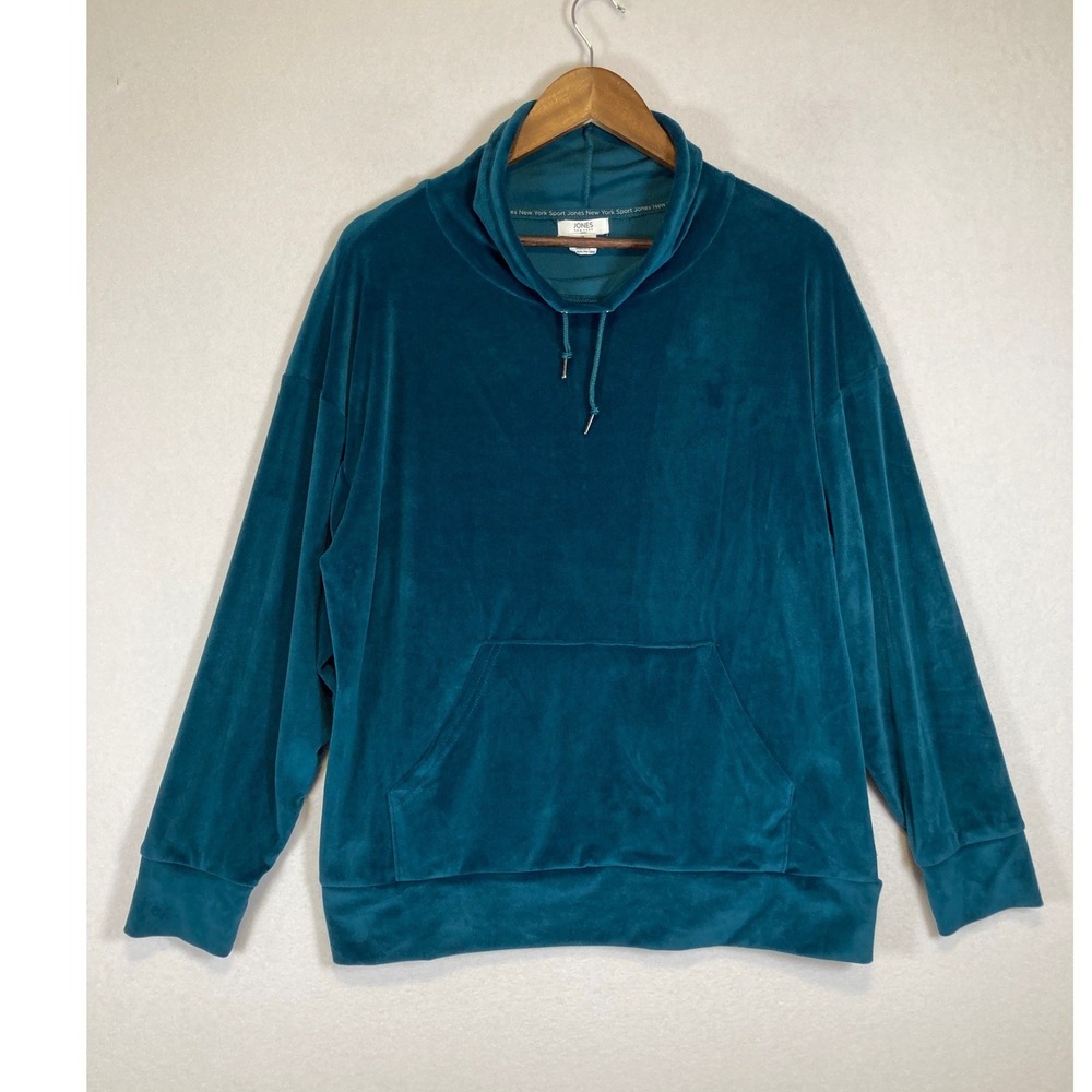 Cozy Velour Jones New York Sport W 1X Teal‎ Cowl Neck Pullover Hoodie Thumbhole